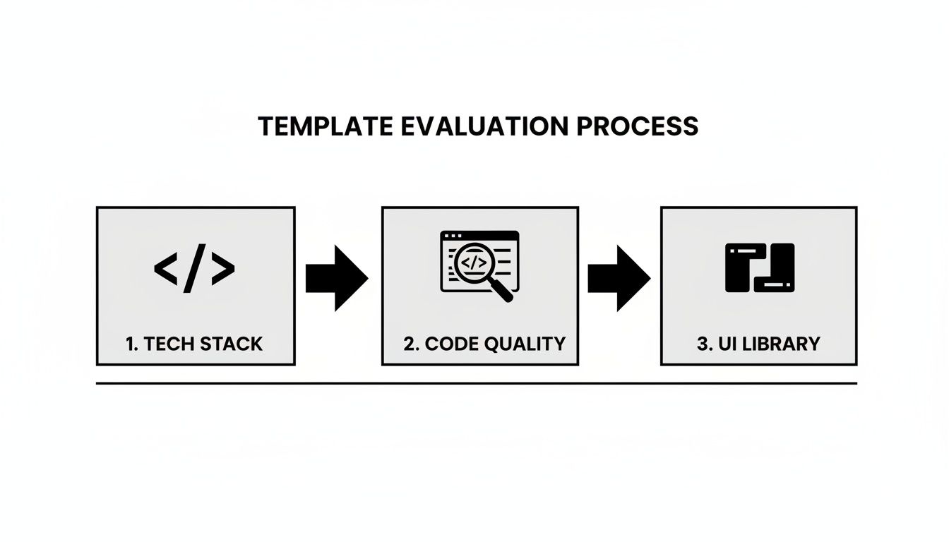 A flowchart showing a template evaluation process with three steps: Tech Stack, Code Quality, and UI Library.
