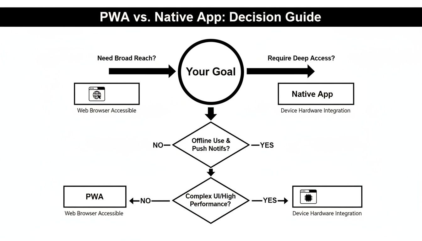 A decision guide flowchart comparing PWA and Native Apps based on reach, access, offline use, and performance.