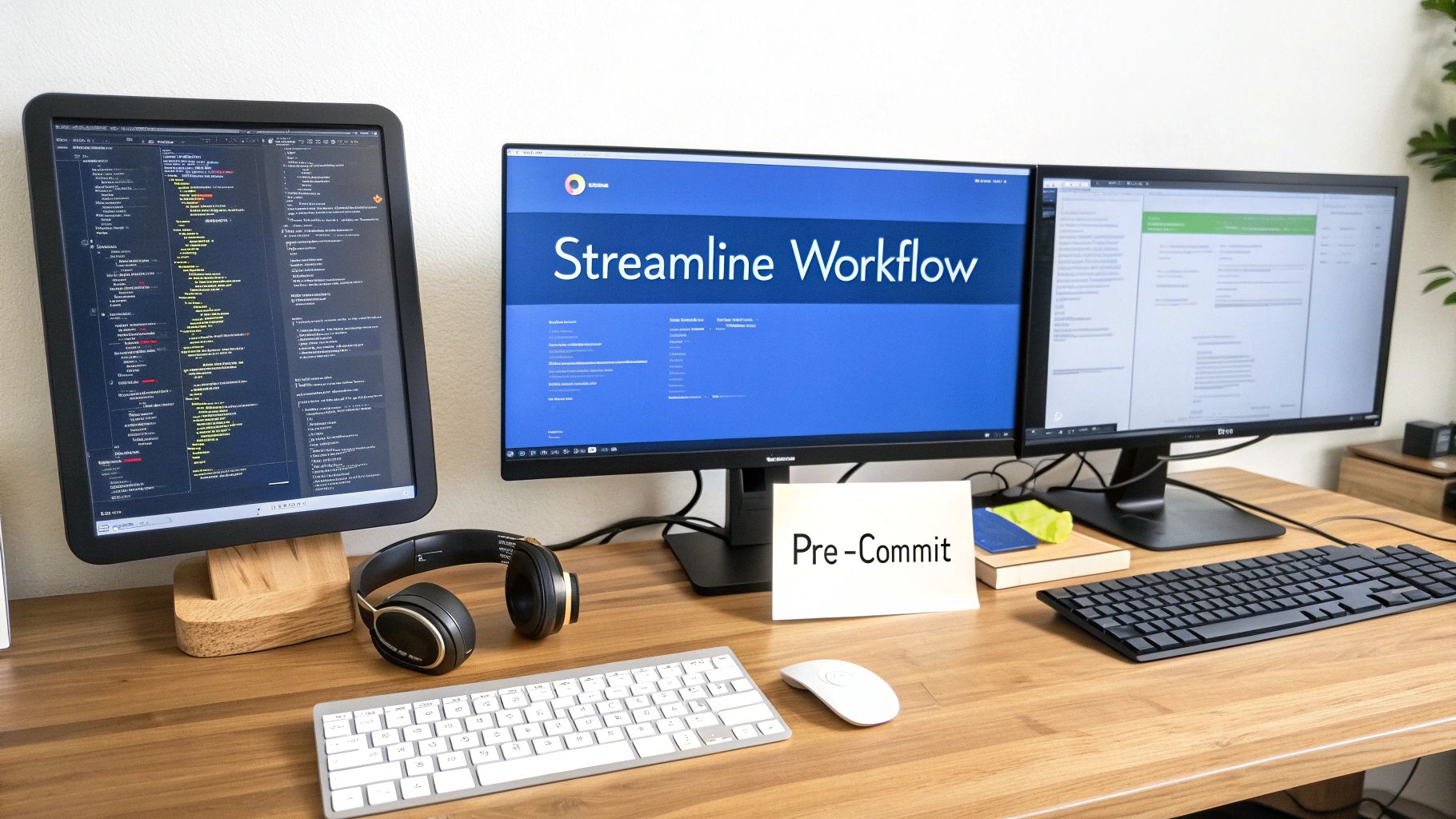 Three monitor developer workspace setup displaying code editor and streamline workflow presentation screen