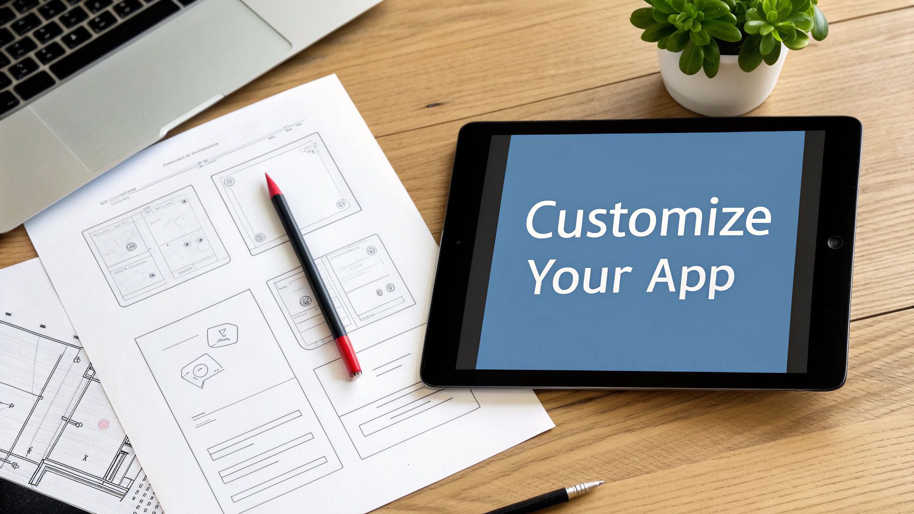 A desk with a laptop, app wireframes, and a tablet displaying 'Customize Your App', suggesting mobile development.