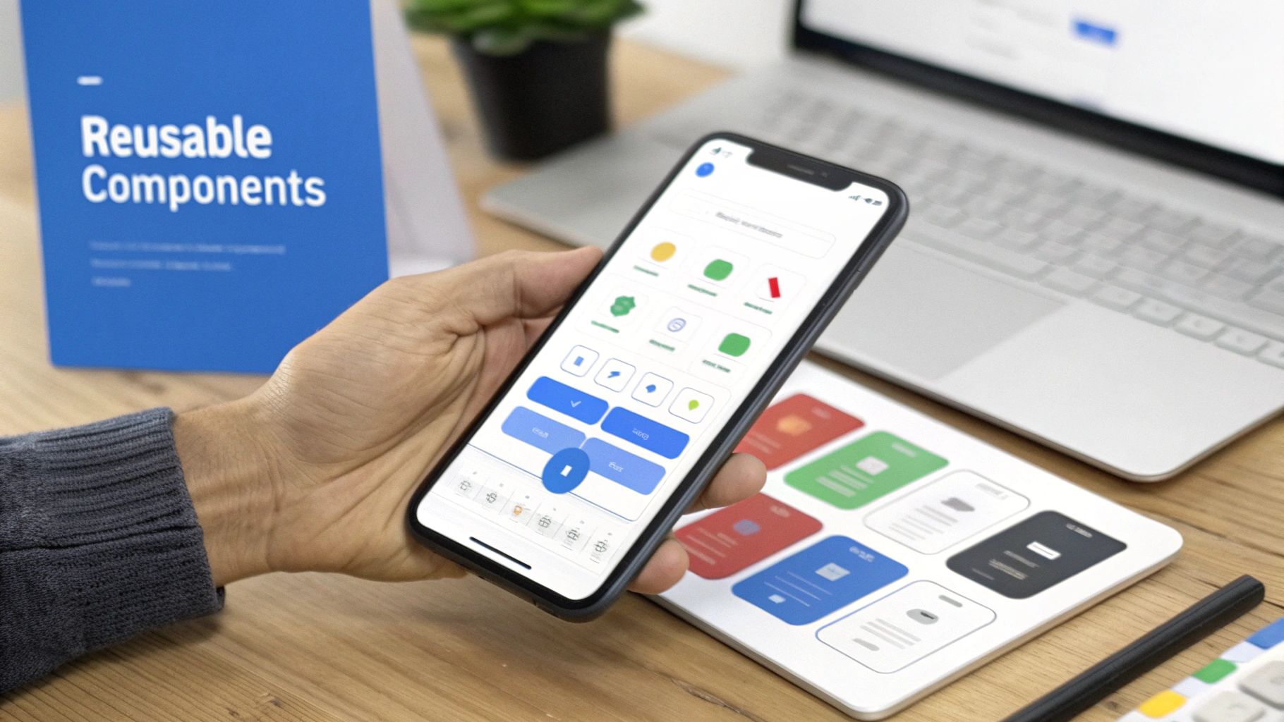 A hand holds a smartphone displaying various UI components, with a 'Reusable Components' document nearby.