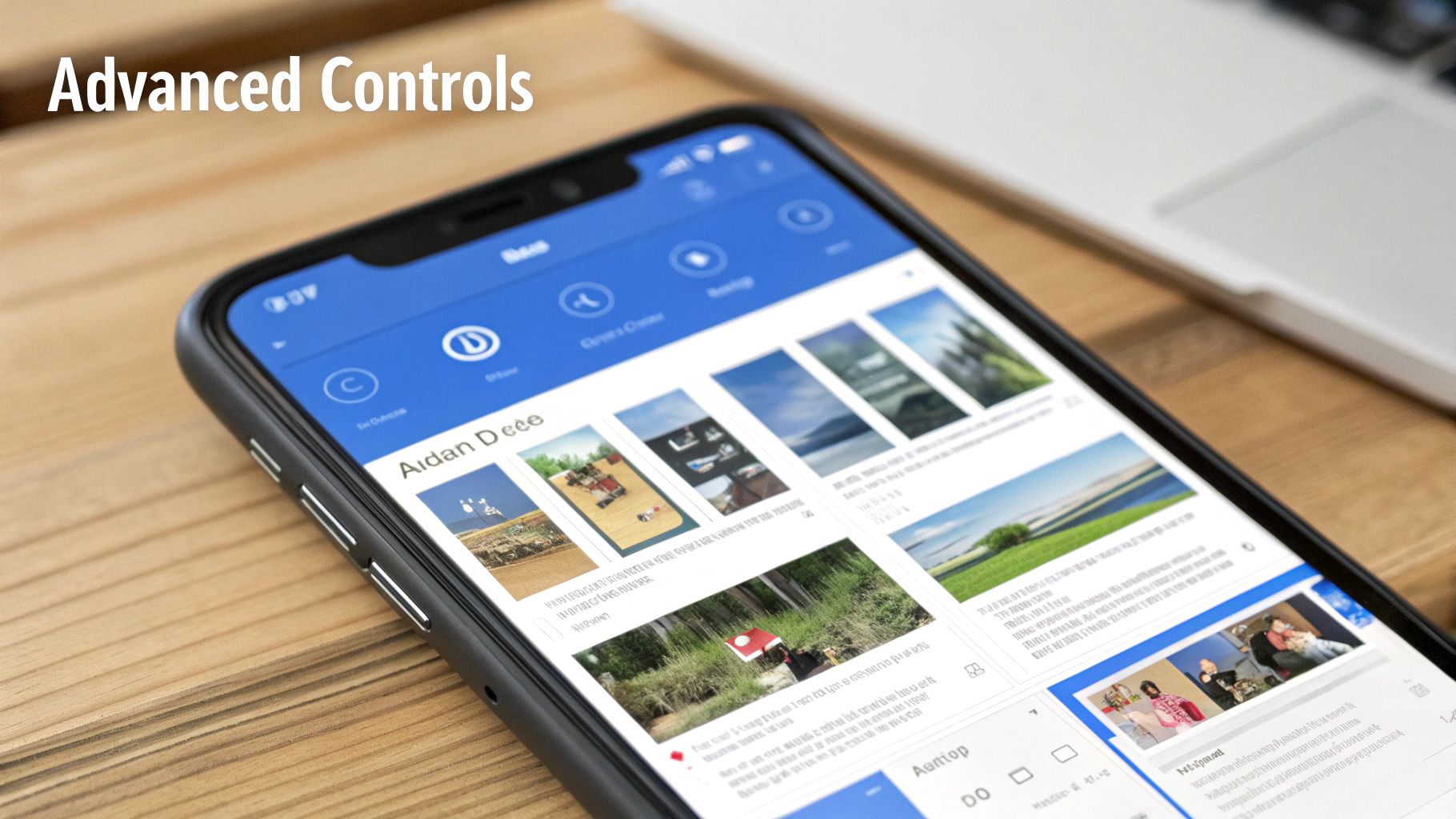 A smartphone displays a content feed app with images and text on a wooden desk.