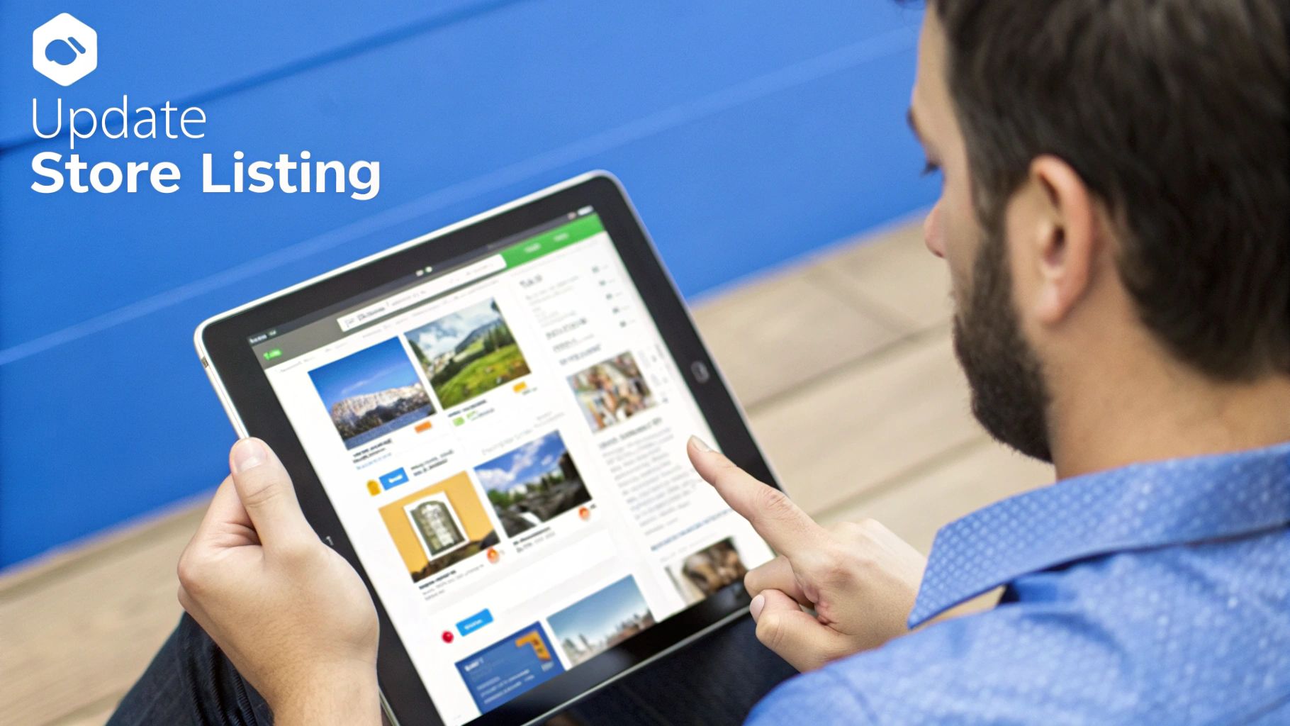 A man uses a tablet to update a store listing, with a blue background.
