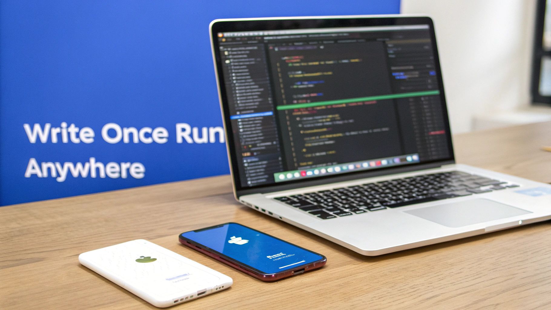 Developer laptop displaying code editor with two smartphones showing cross-platform mobile app development
