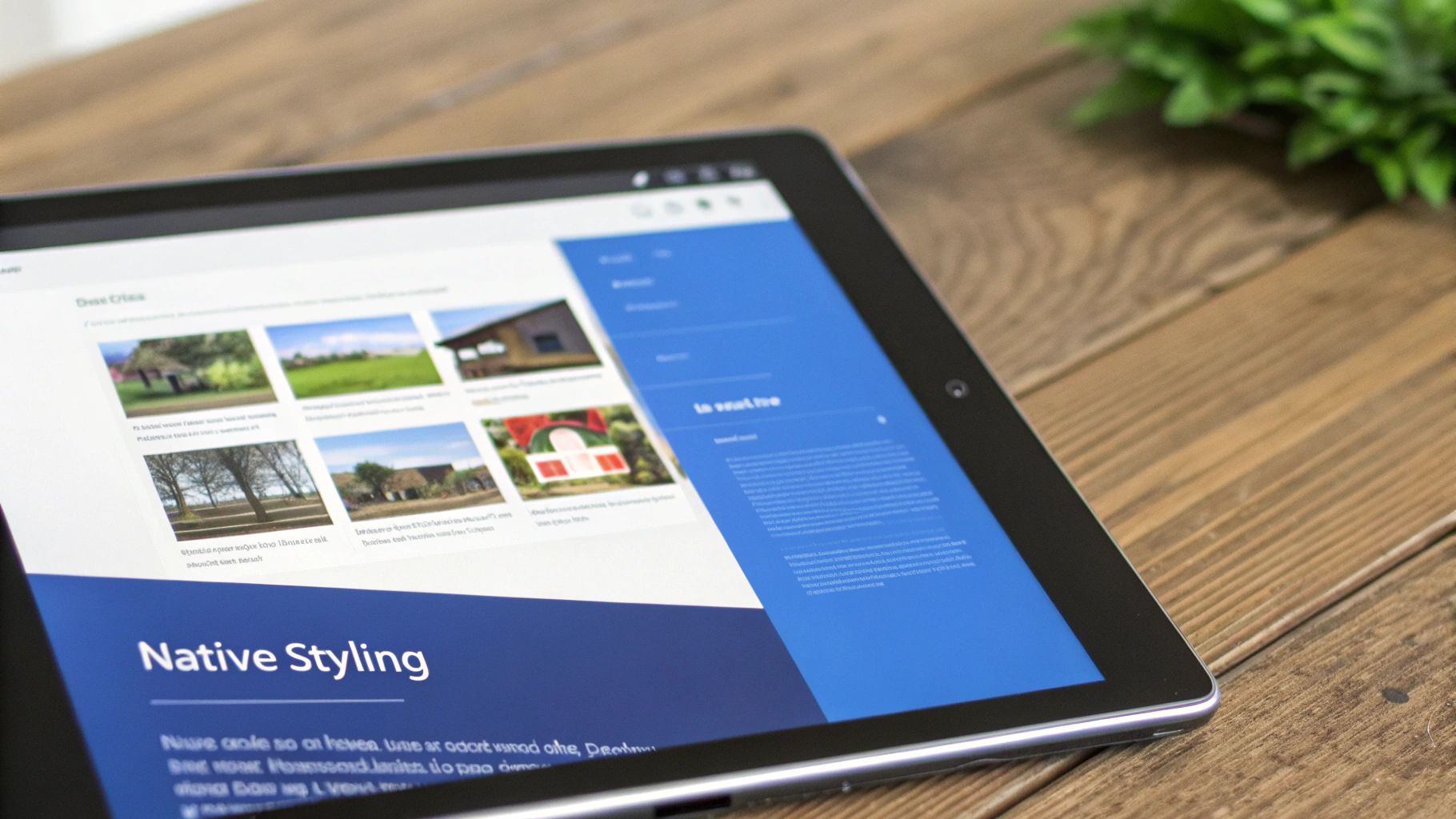 A tablet displaying a website or app interface with multiple small image thumbnails and the title 'Native Styling'.