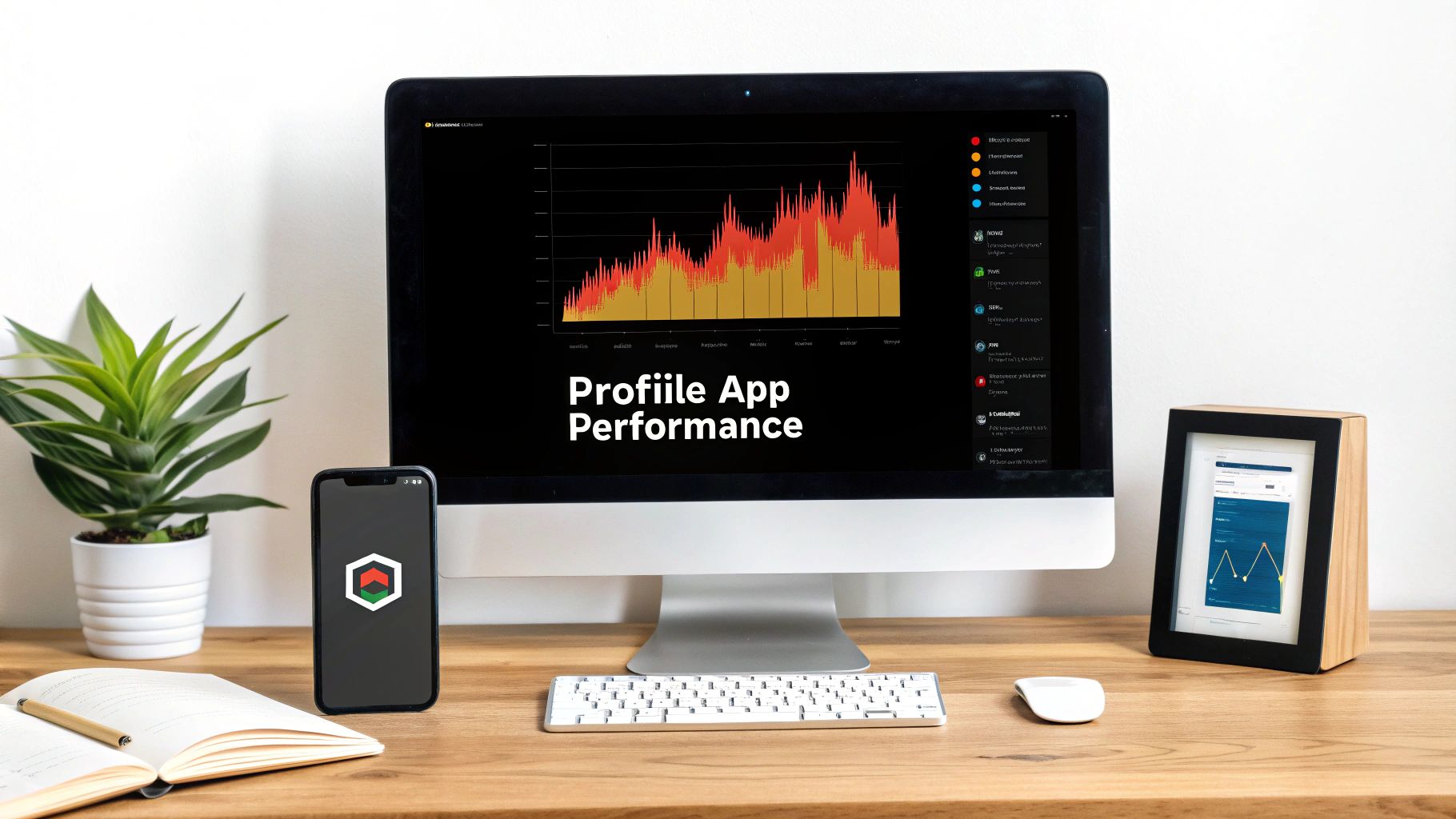 A clean desk setup featuring a computer displaying app performance data, a smartphone, and a plant.