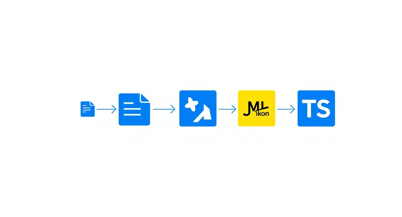Development workflow diagram showing document processing through build tools to TypeScript output