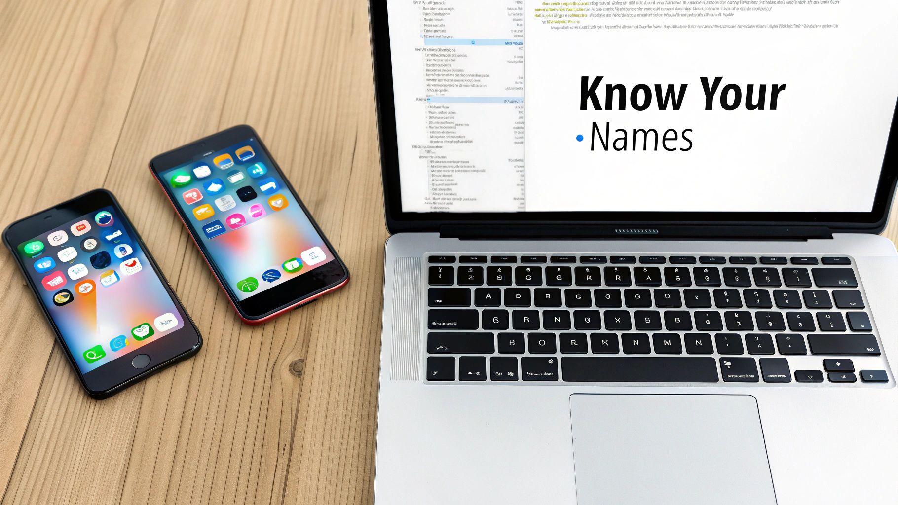 Two mobile phones and an open laptop with "Know Your Names" on its screen on a wooden table.