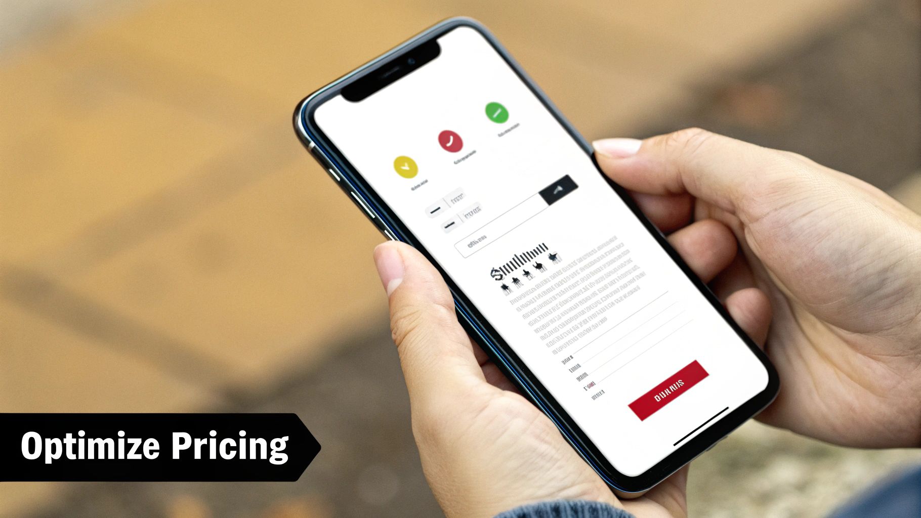 A person holds a smartphone displaying an app with input fields, a rating, and optimization controls. A banner says 'Optimize Pricing'.