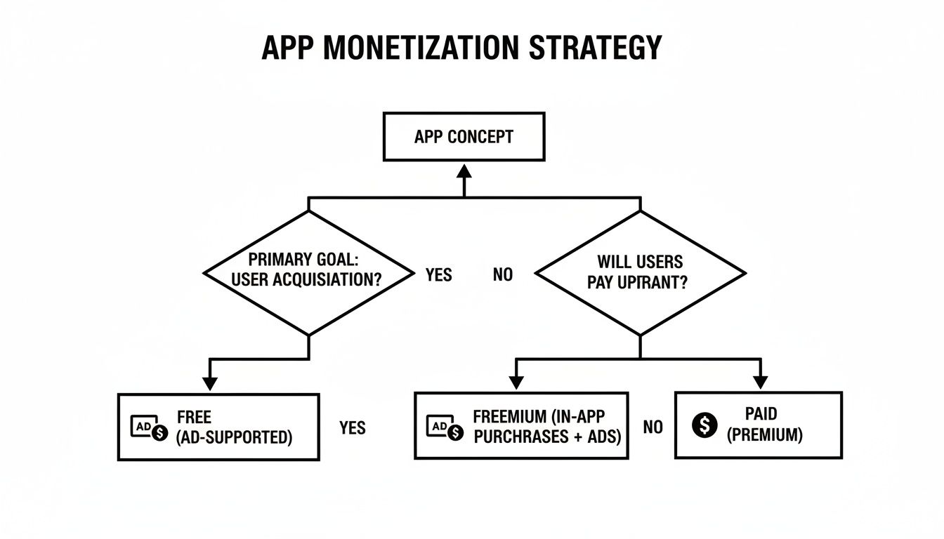 A flowchart outlining app monetization strategies: free, freemium, or paid, based on user acquisition and payment willingness.