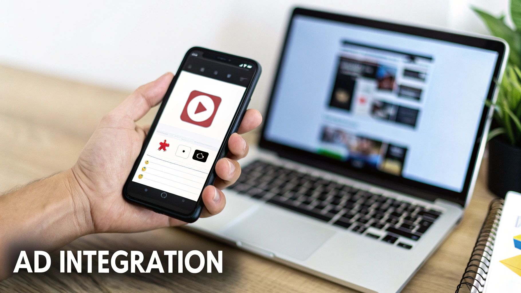 A hand holds a smartphone displaying a video app, with a laptop in the background, illustrating ad integration.