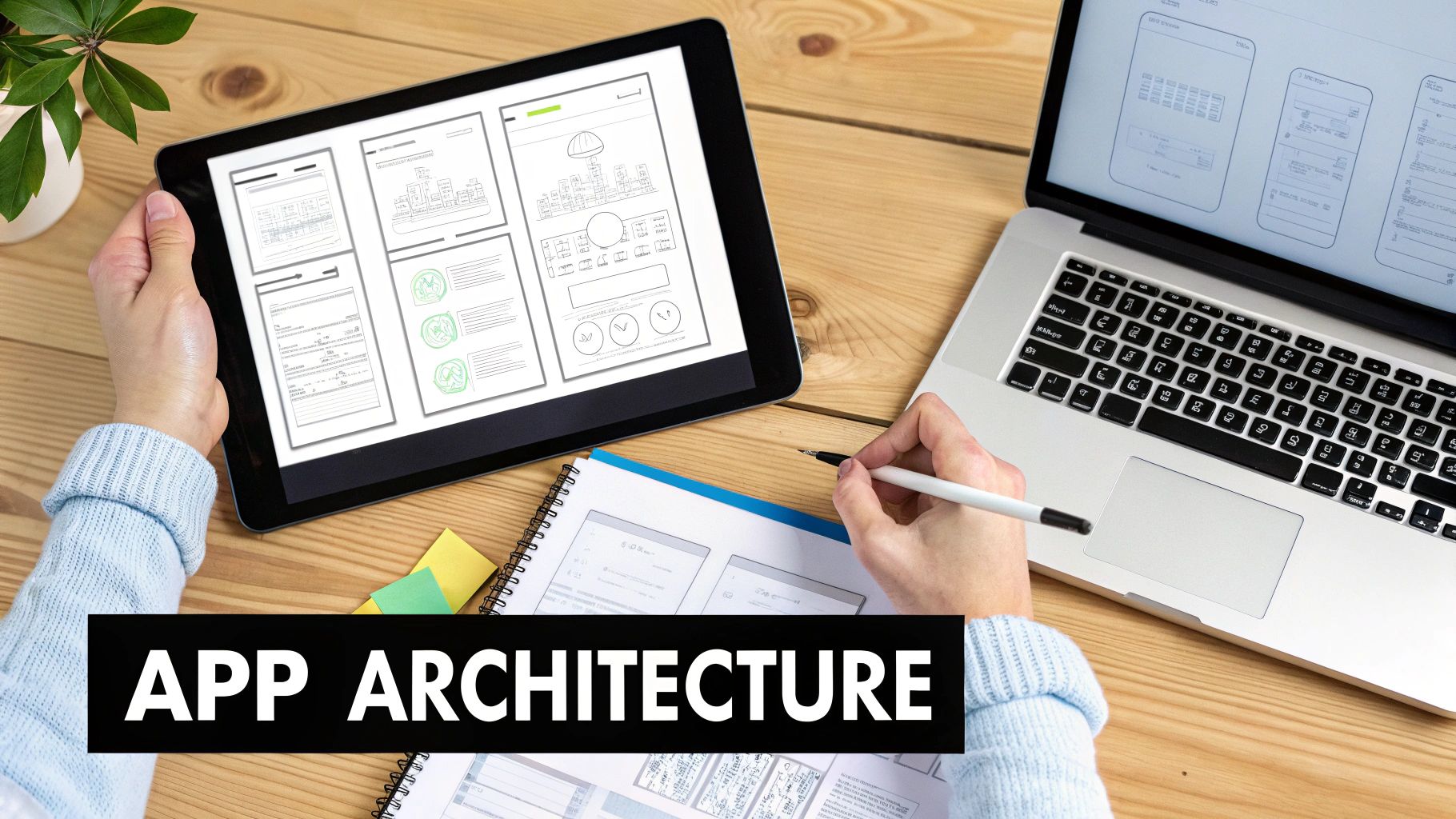 A person designs app architecture using a tablet, laptop, and notebook with wireframes.