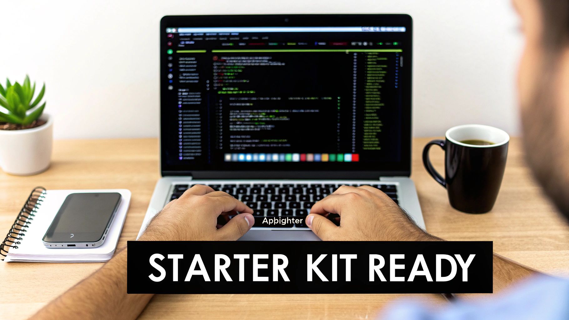 A developer's hands on a laptop keyboard, displaying code, with coffee and a plant on the desk.