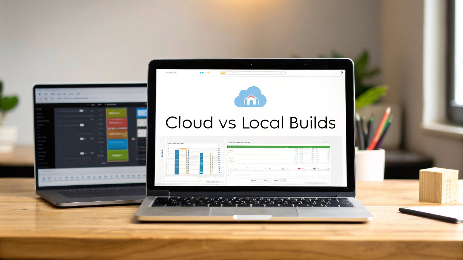 Two laptops on a wooden desk, one showing 'Cloud vs Local Builds' with data charts.