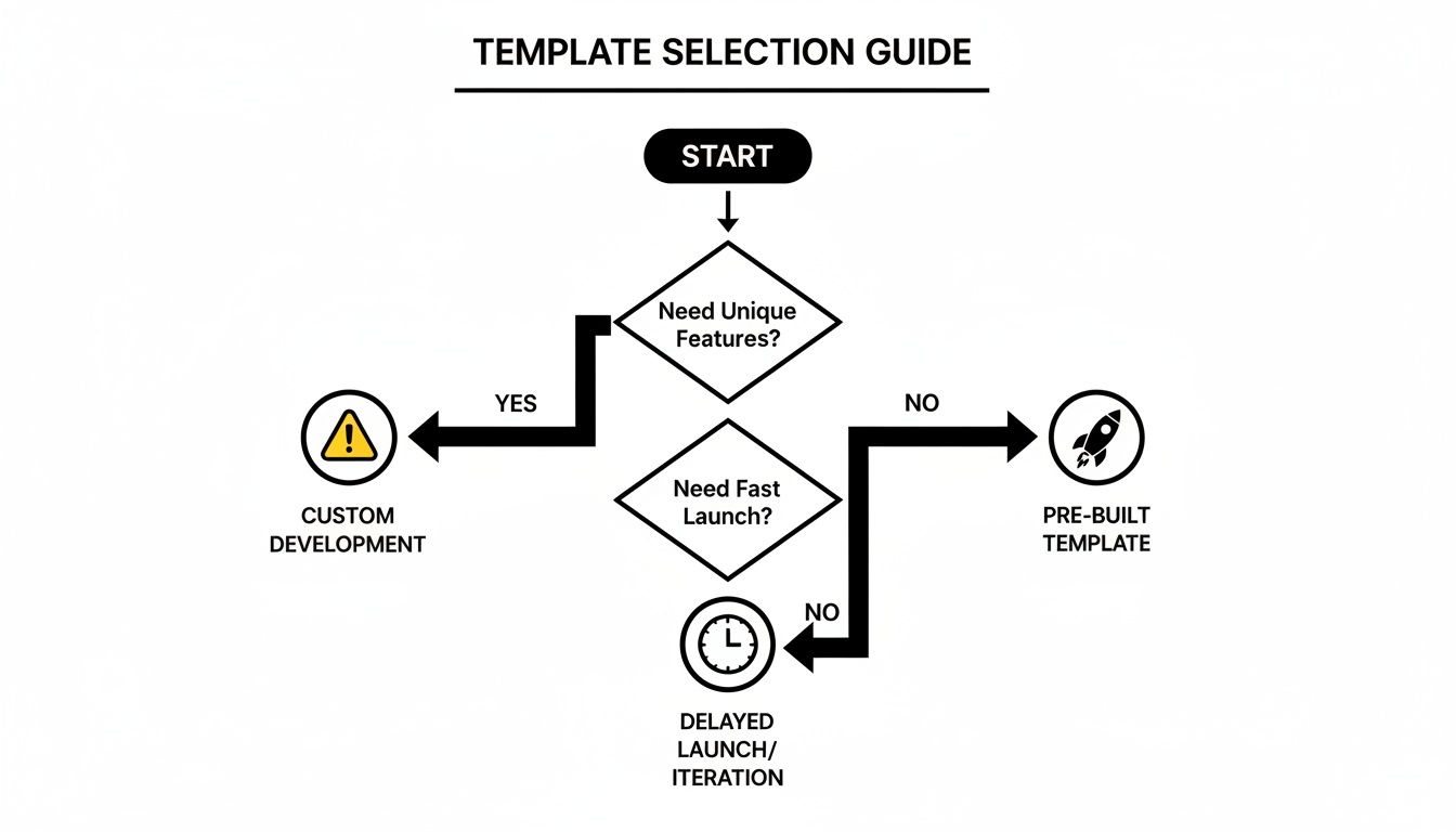 Flowchart guiding template selection for development, considering unique features and launch speed.