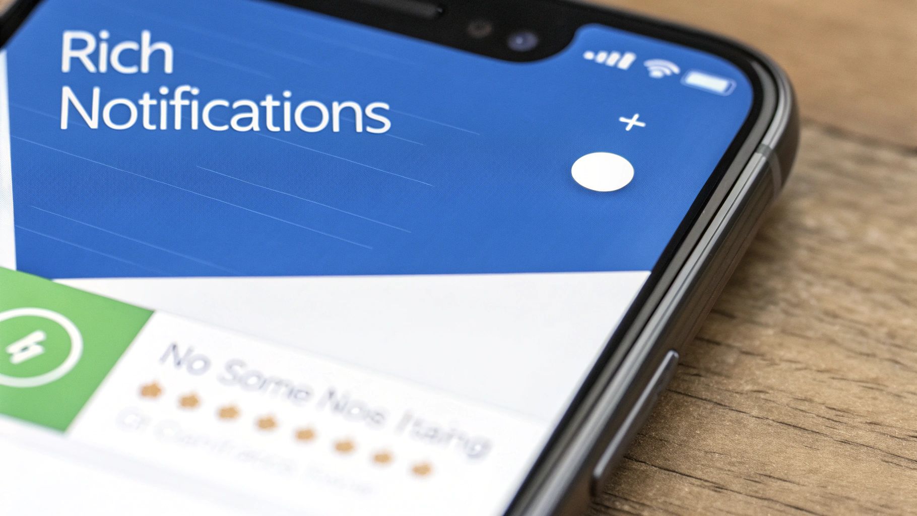Close-up of a smartphone screen displaying an app with 'Rich Notifications' and a green icon.