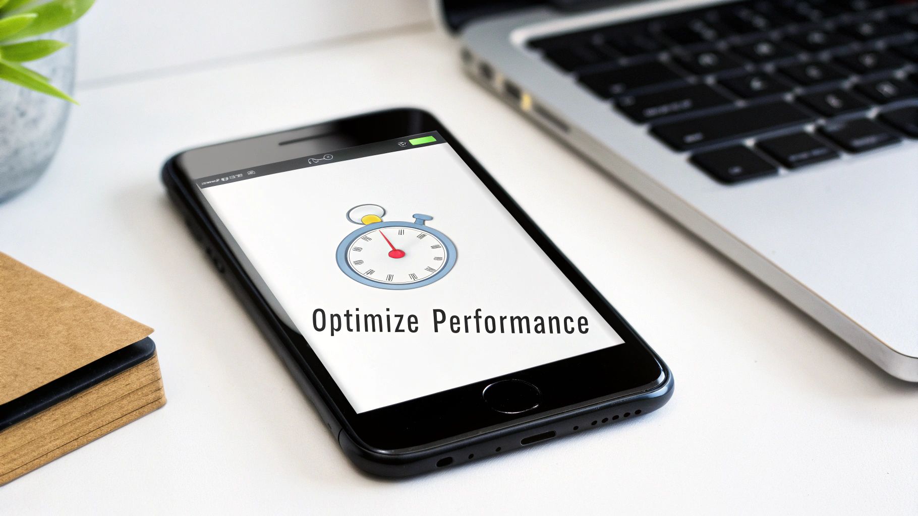 A black smartphone screen showing a stopwatch icon and 'Optimize Performance' text on a desk.