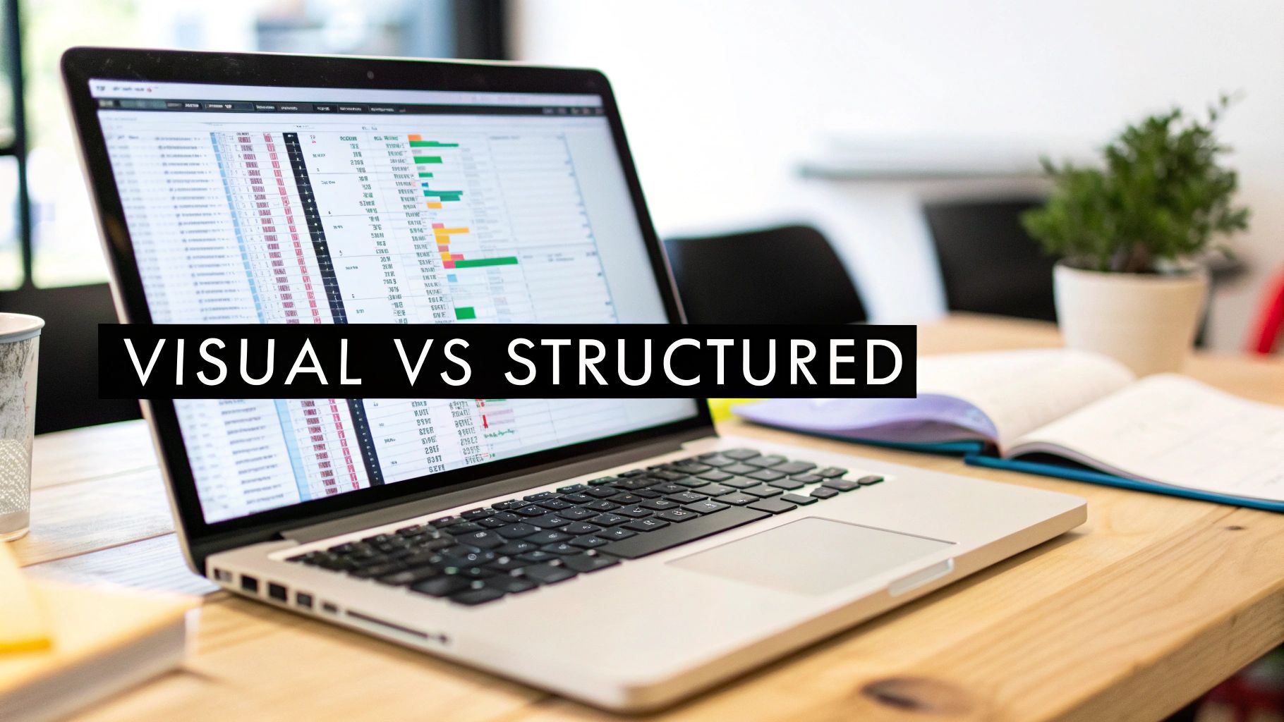 A laptop on a wooden desk displaying spreadsheet data, with a 'VISUAL VS STRUCTURED' text overlay.