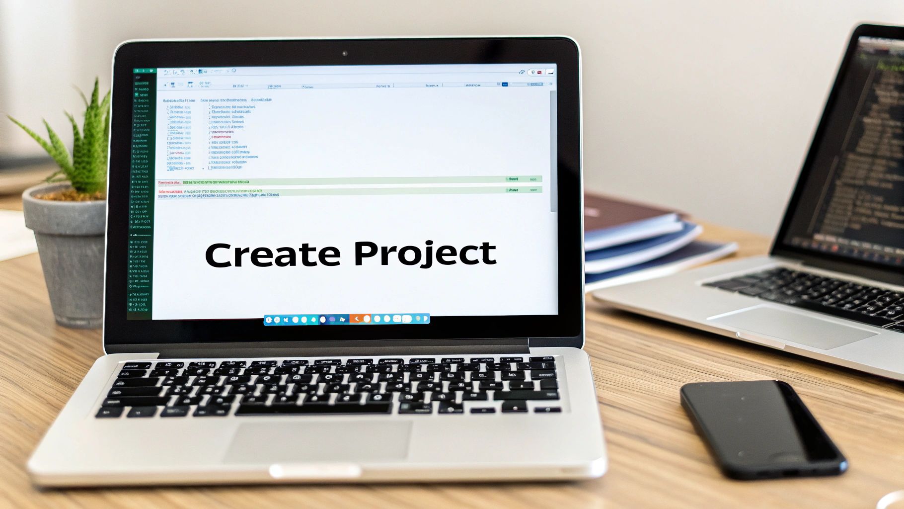 A close-up of a laptop screen displaying 'Create Project' in a modern office setup.