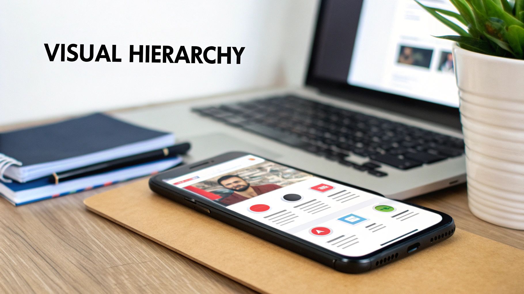 A desk setup featuring a smartphone displaying a user interface, a laptop, and notebooks, illustrating visual hierarchy.