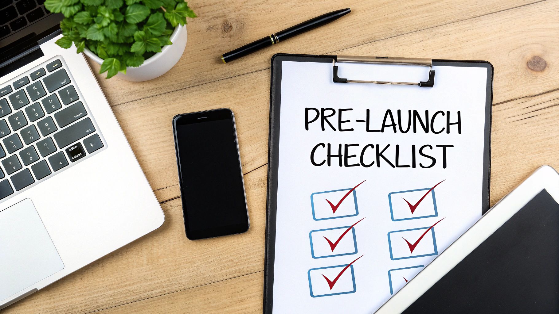 A desk flat lay with a laptop, smartphone, tablet, and a 'PRE-LAUNCH CHECKLIST' clipboard.