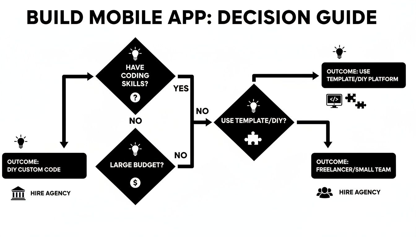 A decision guide flowchart for building a mobile app, detailing options based on coding skills, budget, and DIY preference.