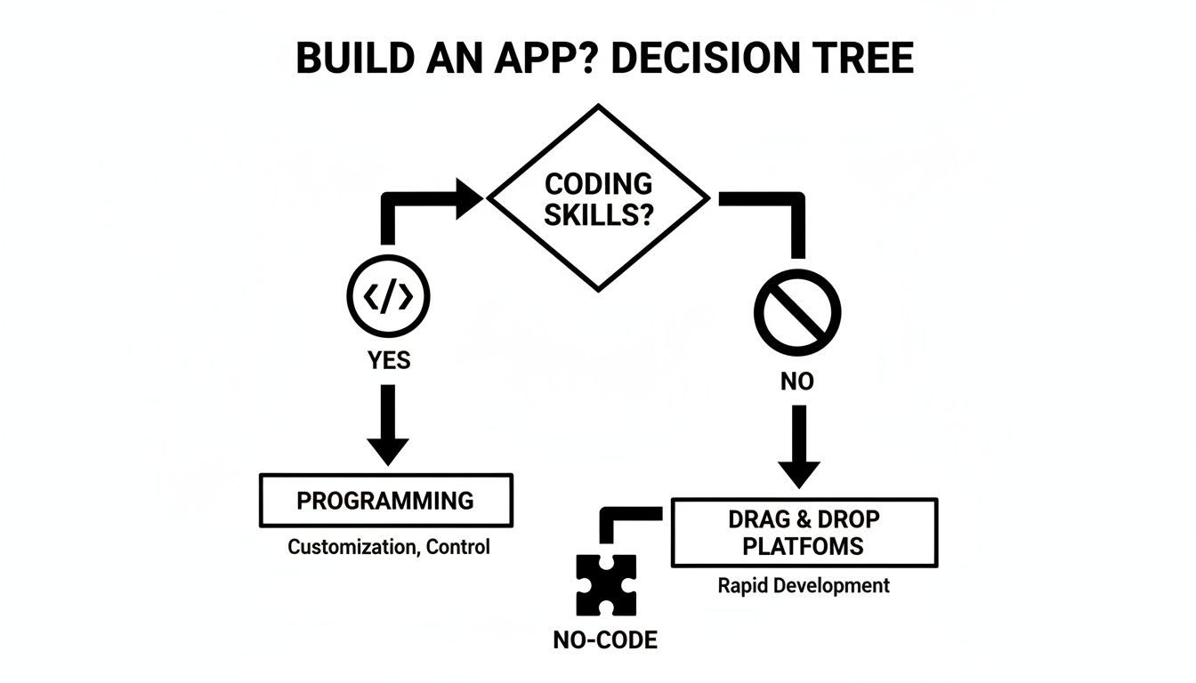 A decision tree flowchart titled 'Build an App?' asking about coding skills, leading to programming or no-code platforms.