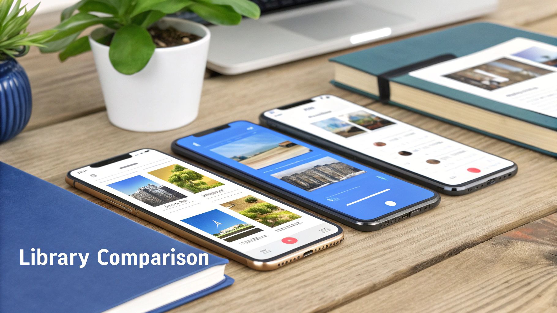 Three smartphones displaying photo library apps side by side on a wooden desk, comparing interfaces.
