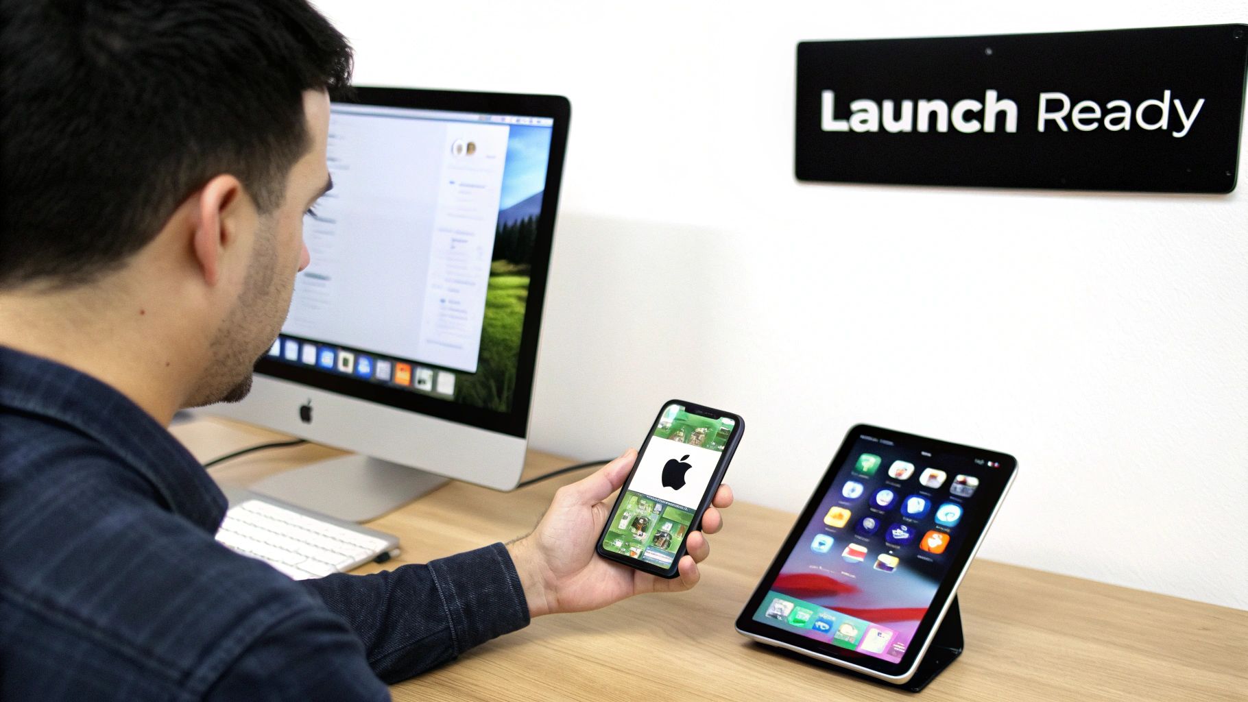 A person works at a computer, holding a smartphone displaying an Apple logo, next to an iPad with apps, with a 'Launch Ready' sign.