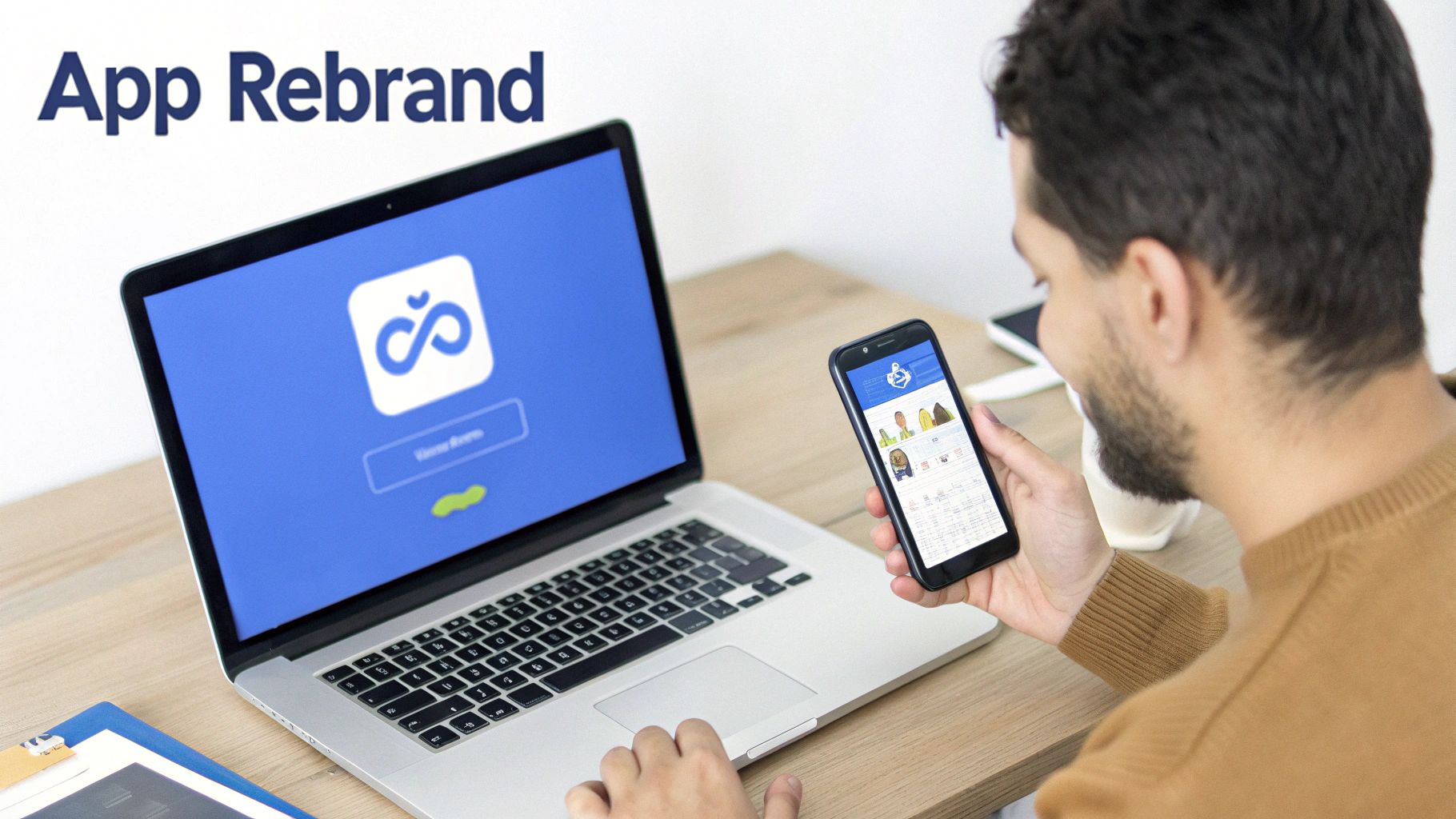 A man views a smartphone displaying an app, with a laptop showing a rebrand login screen.