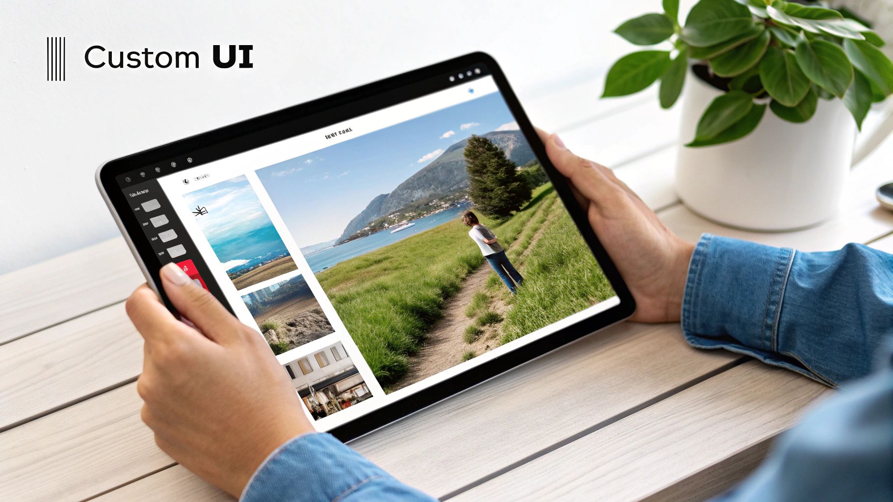Hands holding a tablet displaying a custom UI photo gallery featuring various landscape images.