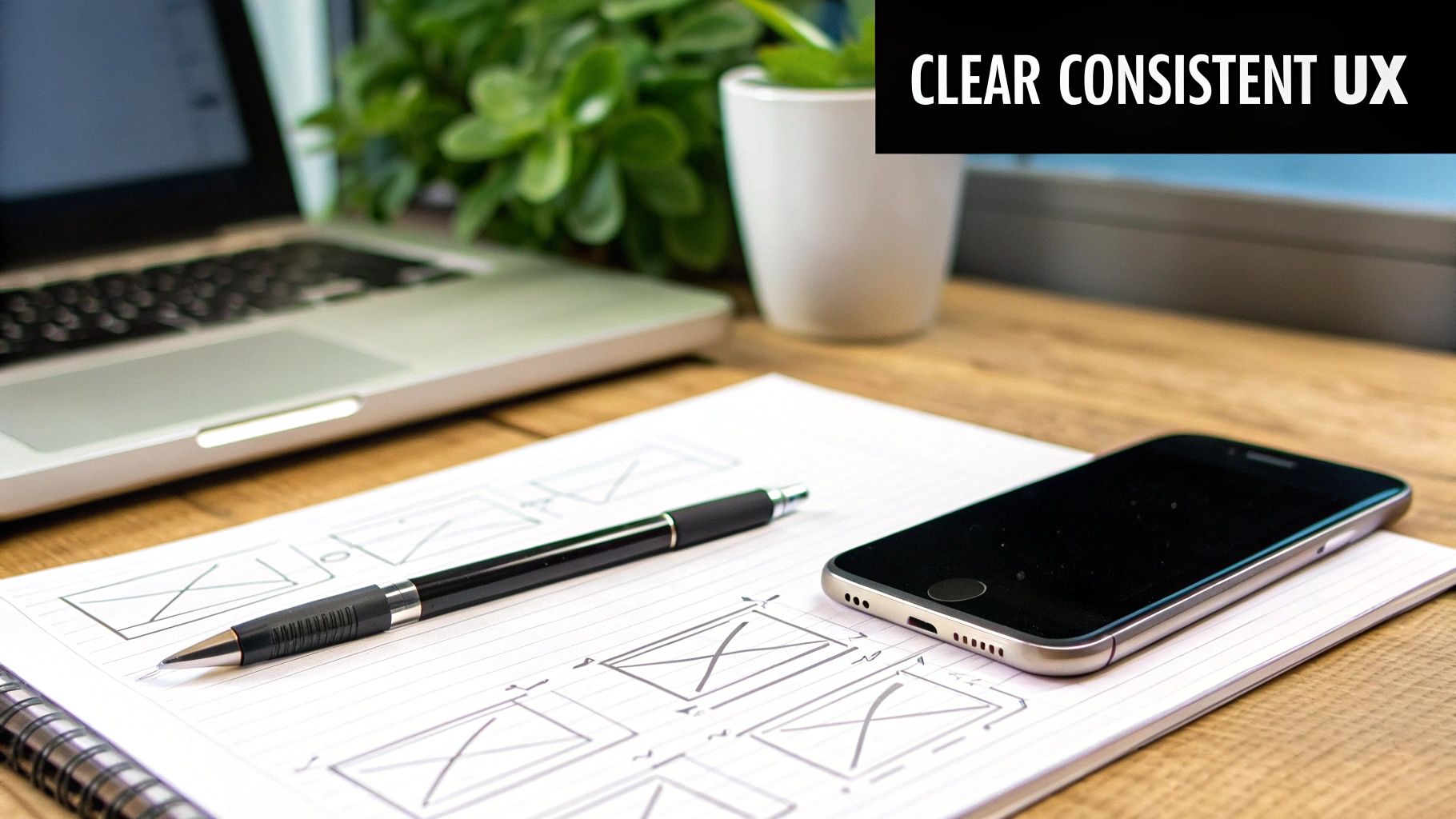 A desk with a laptop, notebook, pen, smartphone, and plant, representing UX design work.
