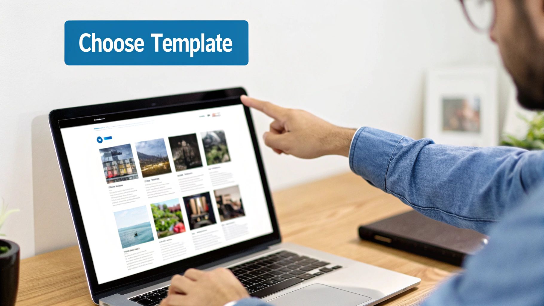 A person points at a laptop screen displaying various website template options, with a 'Choose Template' banner.