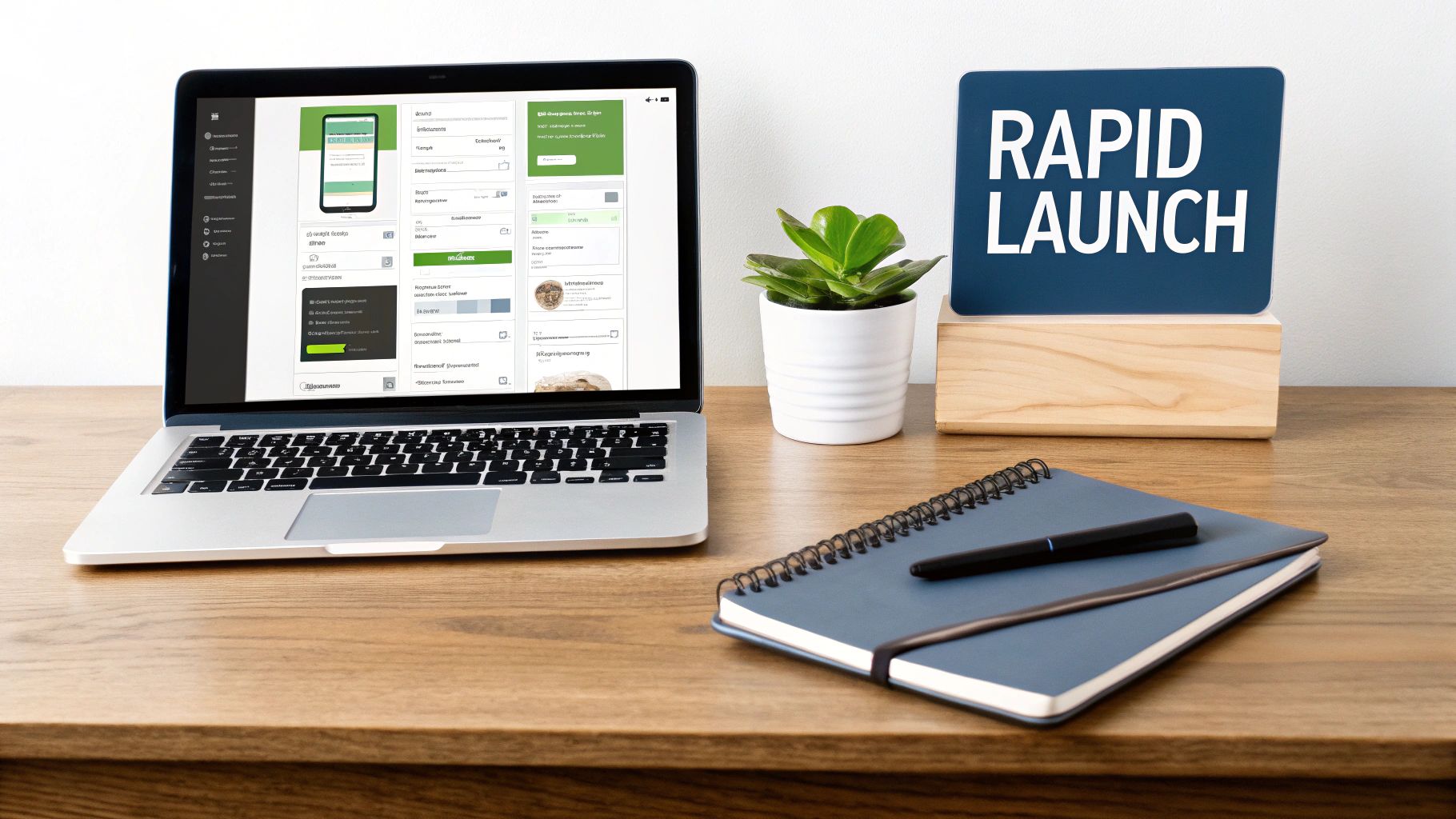 A laptop displaying a mobile app interface, a 'RAPID LAUNCH' sign, plant, and notebook on a wooden desk.