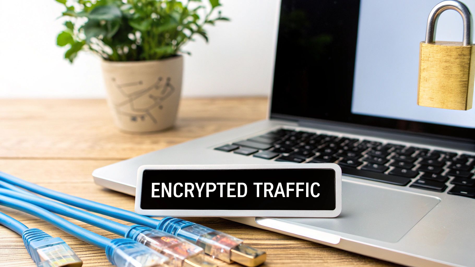 A laptop, ethernet cables, and a padlock with a sign reading 'ENCRYPTED TRAFFIC' for secure data.