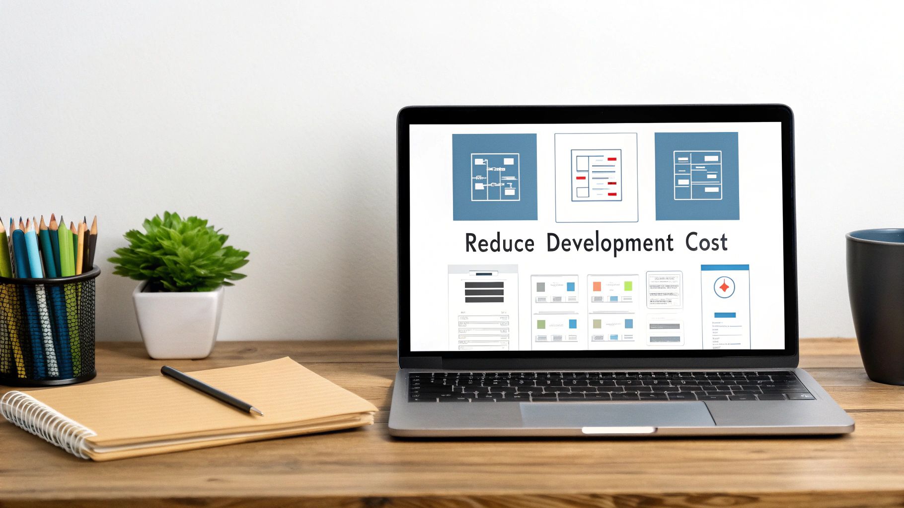 A laptop displaying 'Reduce Development Cost' on a wooden desk with office supplies and a plant.
