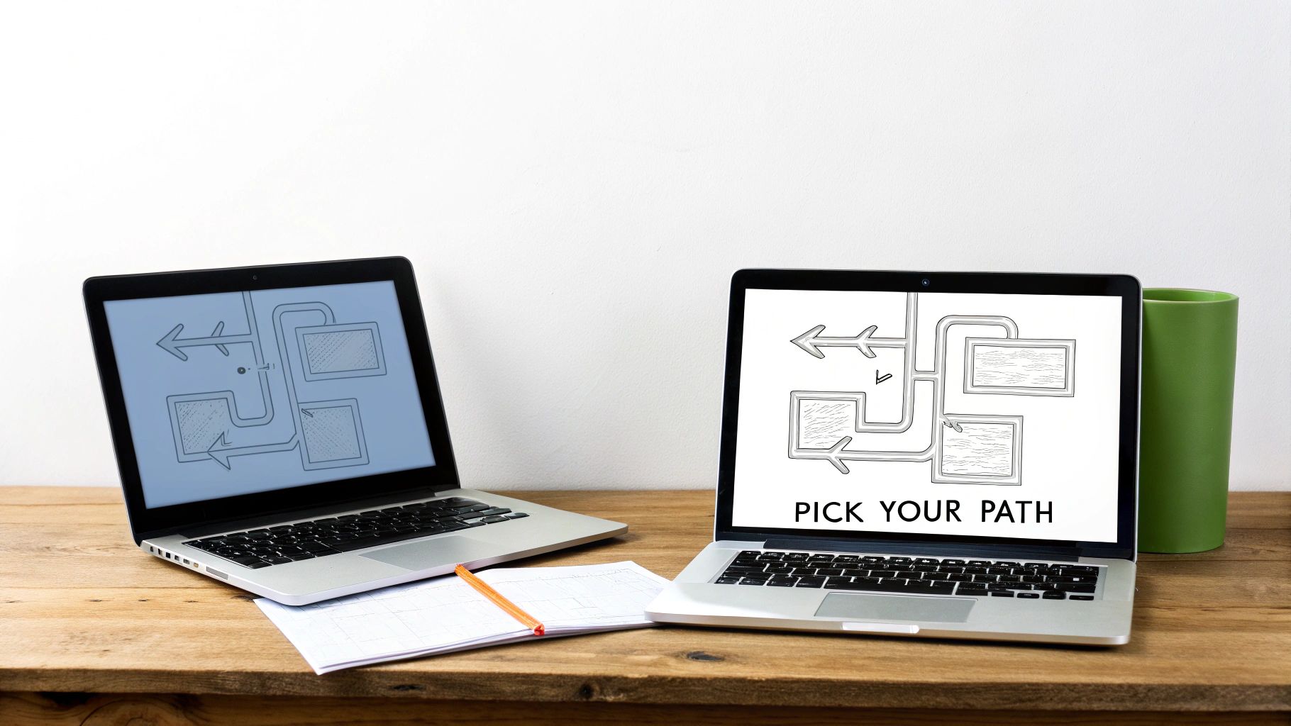 Two laptops on a wooden desk display a path selection diagram with 'PICK YOUR PATH' text.