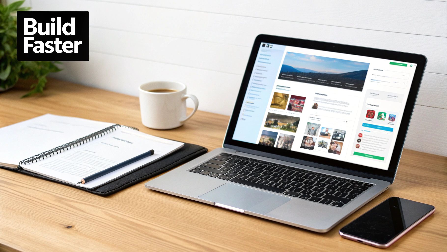 A clean wooden desk with a laptop showing a web design, coffee mug, and notebook.