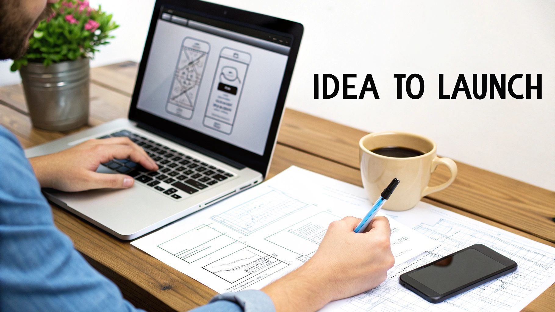Person working on mobile app wireframes, sketching designs on paper, from idea to launch.