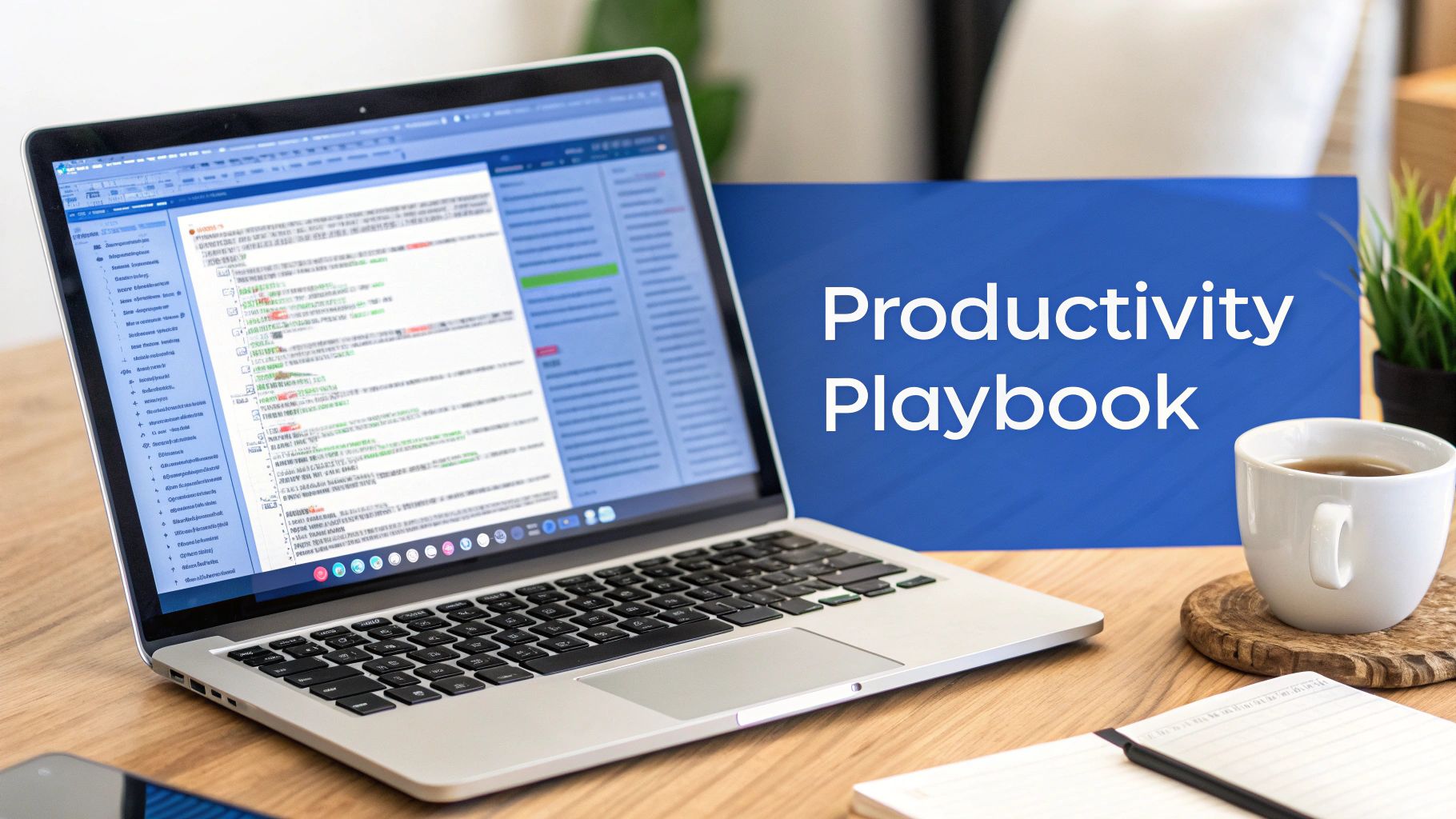 Laptop displaying productivity software and code with coffee cup on wooden desk