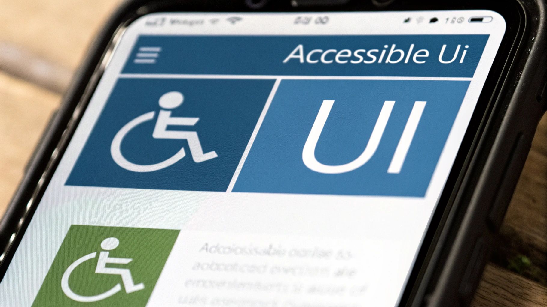 A smartphone screen displaying an app with 'Accessible Ui' text, a wheelchair symbol, and 'UI' elements.