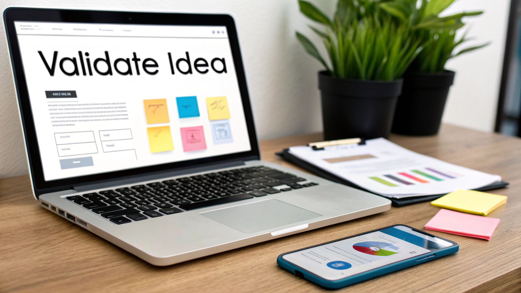 A modern workspace with a laptop displaying 'Validate Idea,' a smartphone, and documents on a wooden desk.