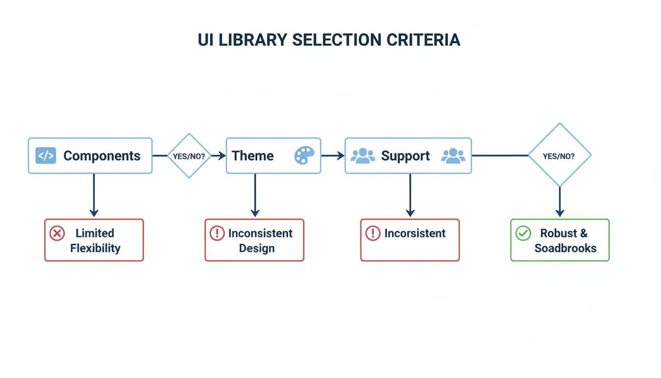 Flowchart detailing UI library selection criteria, evaluating components, theme, and support for robust solutions.