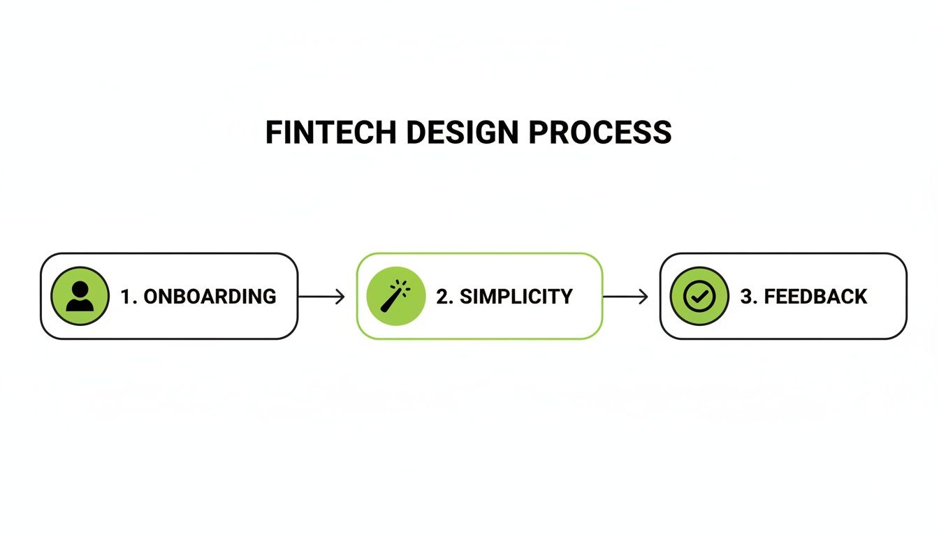 A diagram illustrating the three steps of the Fintech Design Process: Onboarding, Simplicity, and Feedback.
