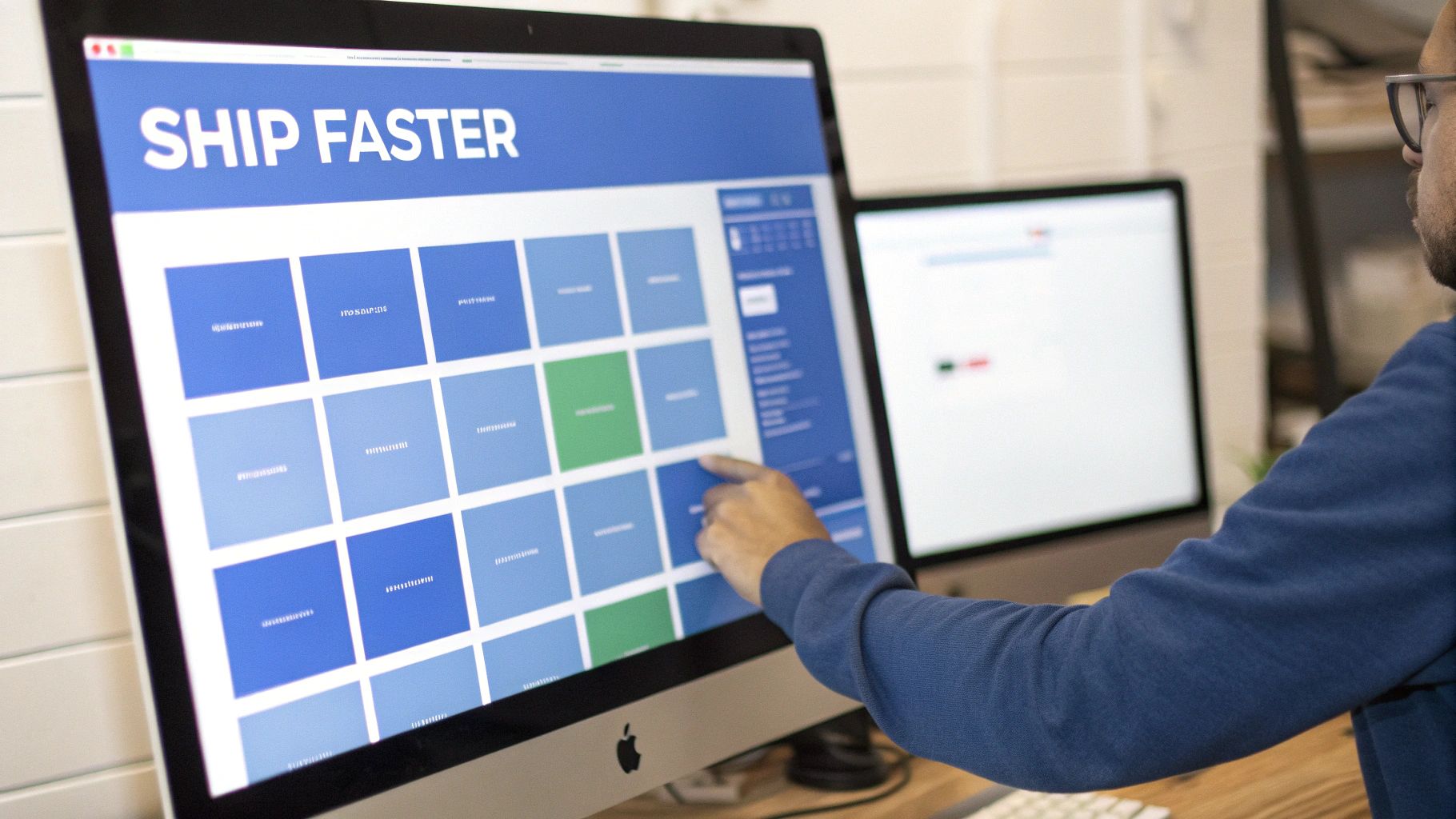 Person pointing at ship faster logistics dashboard with blue grid layout on desktop monitor