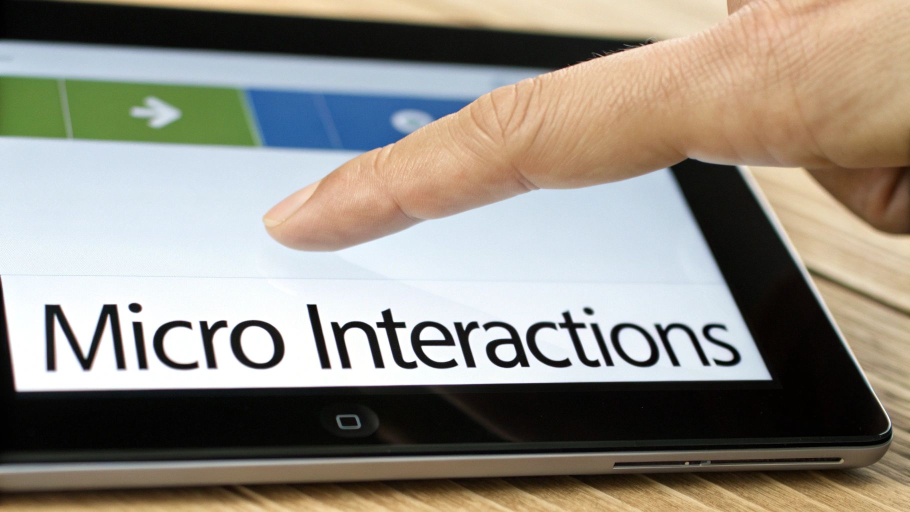 A finger touches a tablet screen displaying the words 'Micro Interactions' on a white background.
