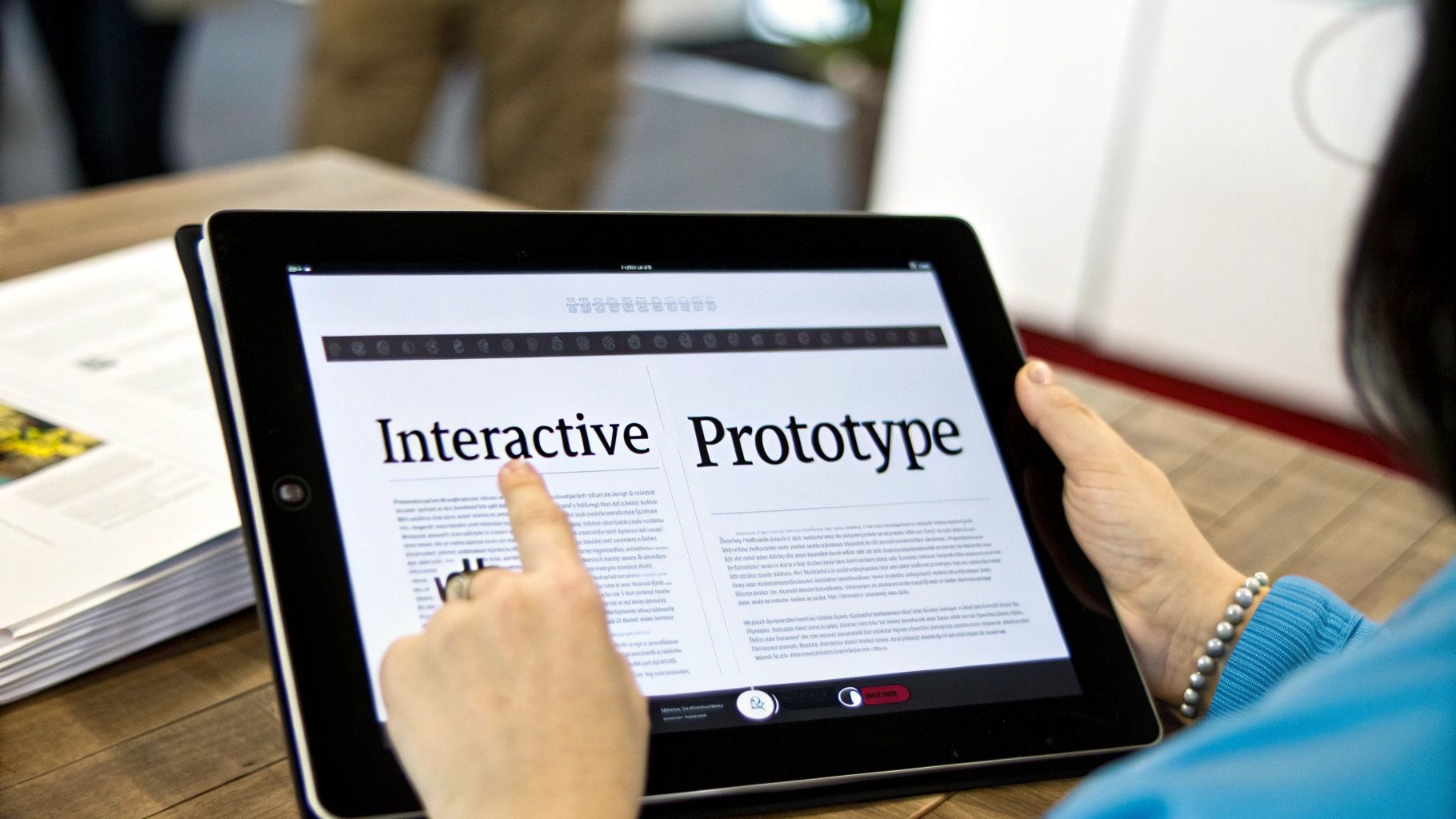 Close-up of a person's hand touching a tablet screen displaying 'Interactive Prototype'.