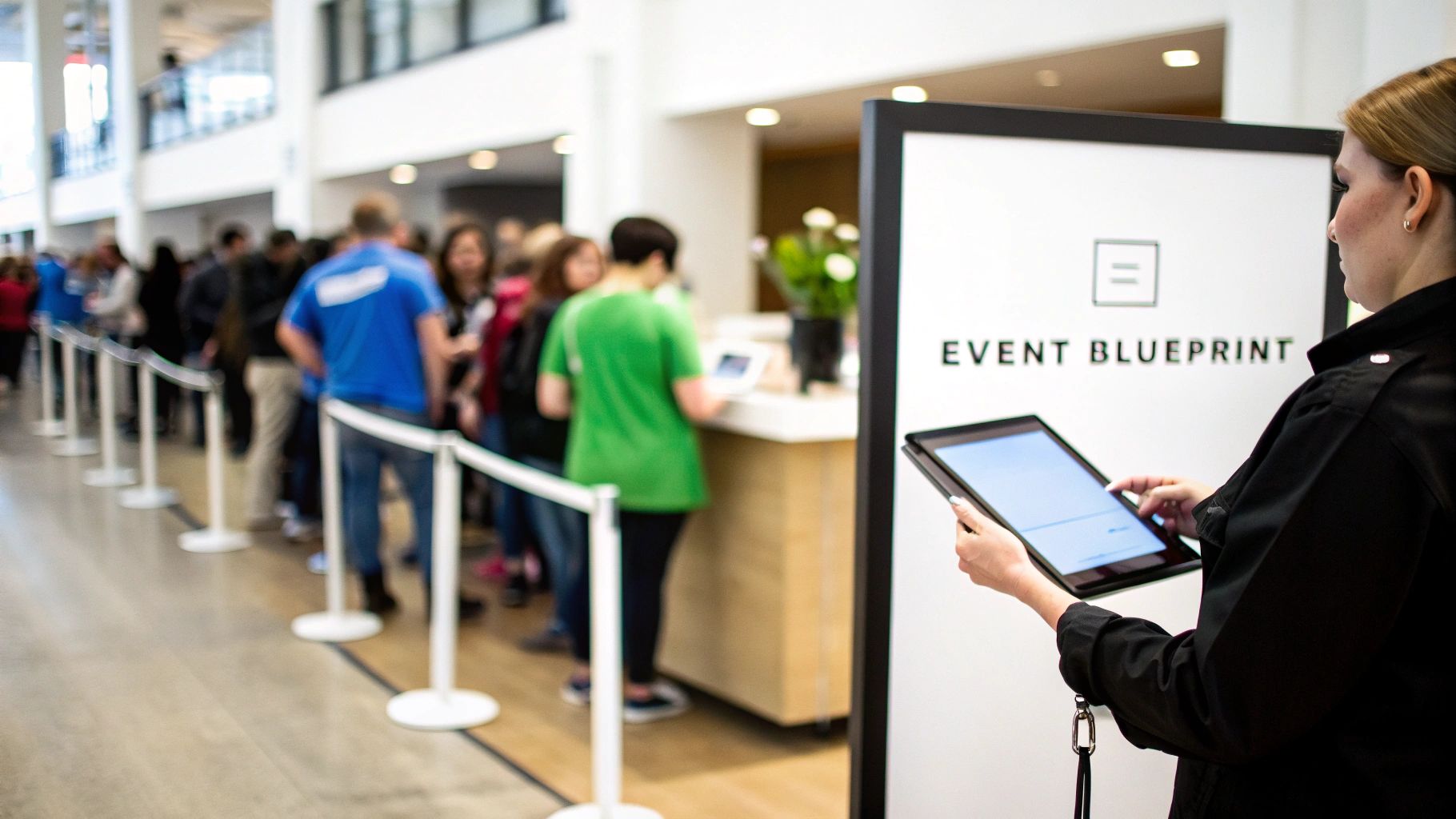 A staff member uses a tablet for event check-in, with a queue of attendees in the background.