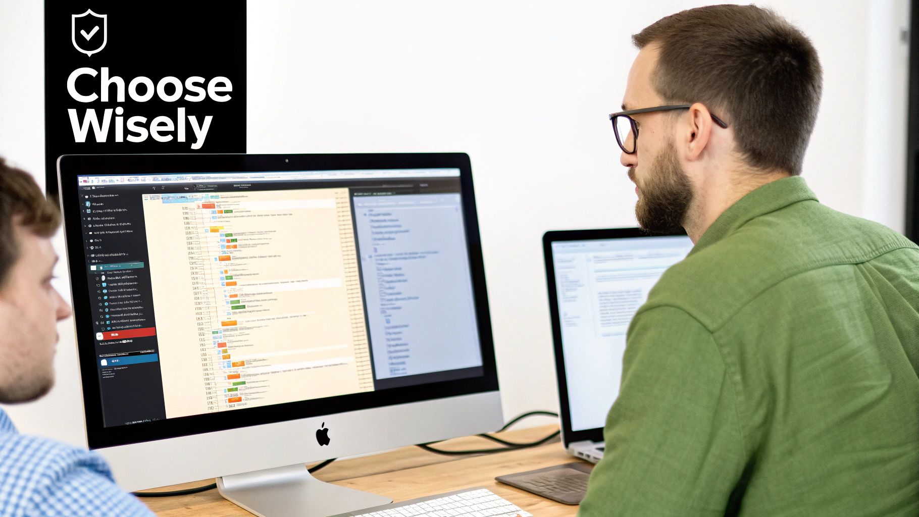 Two developers collaborating on coding and software development in an office environment.