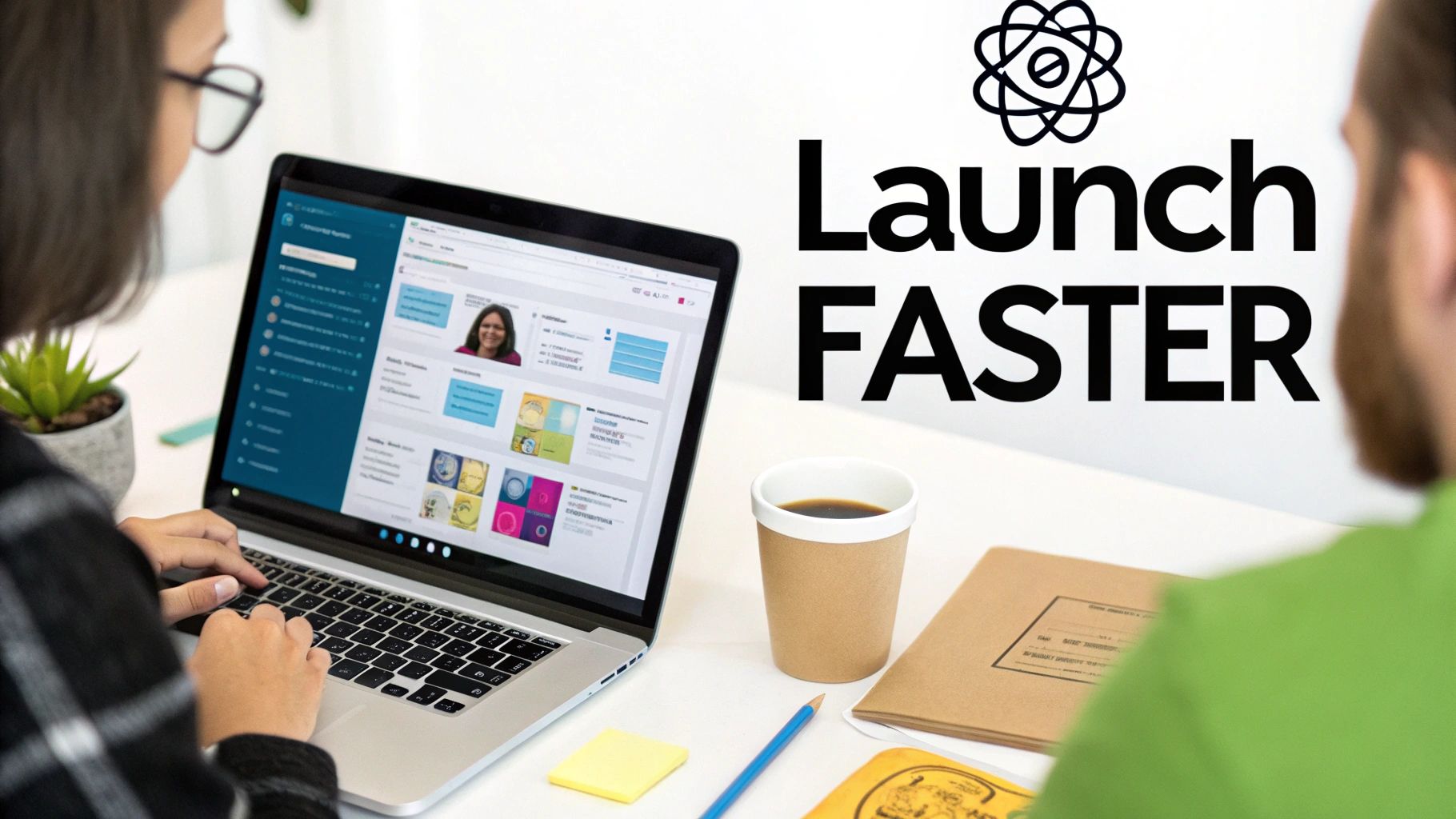 Person using laptop showing React Native app interface; coffee and 'Launch FASTER' on desk.